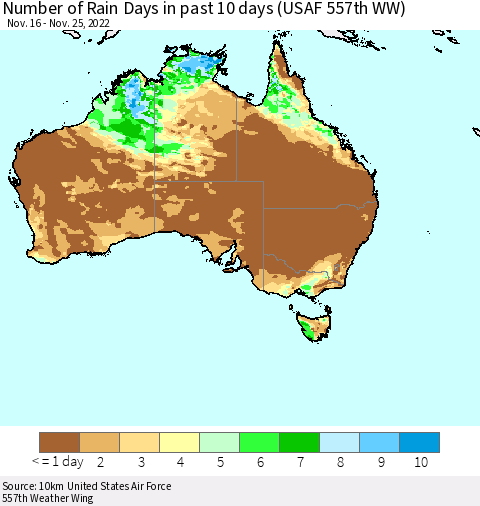 Australia Number of Rain Days in past 10 days (USAF 557th WW) Thematic Map For 11/21/2022 - 11/25/2022
