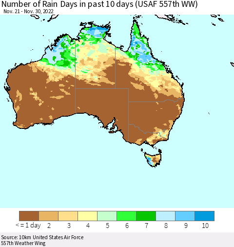 Australia Number of Rain Days in past 10 days (USAF 557th WW) Thematic Map For 11/26/2022 - 11/30/2022