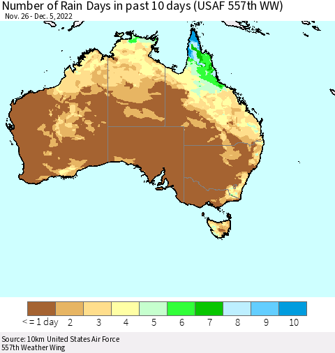 Australia Number of Rain Days in past 10 days (USAF 557th WW) Thematic Map For 12/1/2022 - 12/5/2022