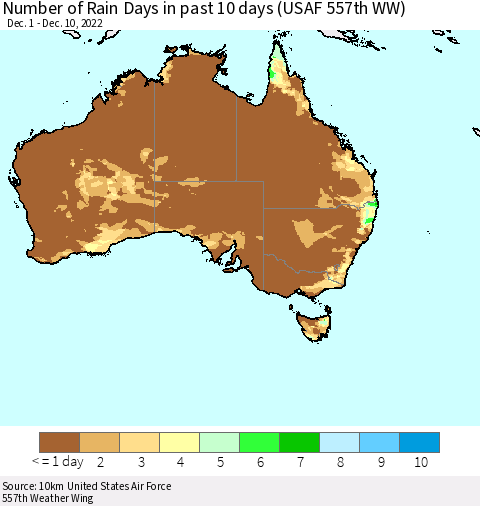 Australia Number of Rain Days in past 10 days (USAF 557th WW) Thematic Map For 12/6/2022 - 12/10/2022