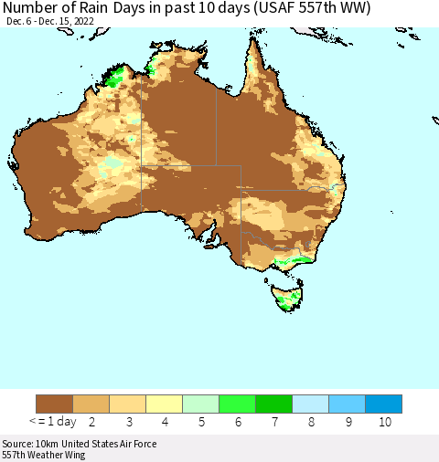 Australia Number of Rain Days in past 10 days (USAF 557th WW) Thematic Map For 12/11/2022 - 12/15/2022