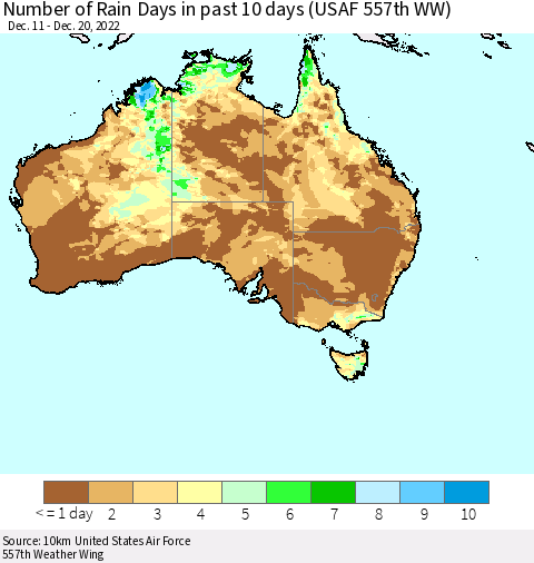 Australia Number of Rain Days in past 10 days (USAF 557th WW) Thematic Map For 12/16/2022 - 12/20/2022