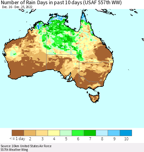 Australia Number of Rain Days in past 10 days (USAF 557th WW) Thematic Map For 12/21/2022 - 12/25/2022