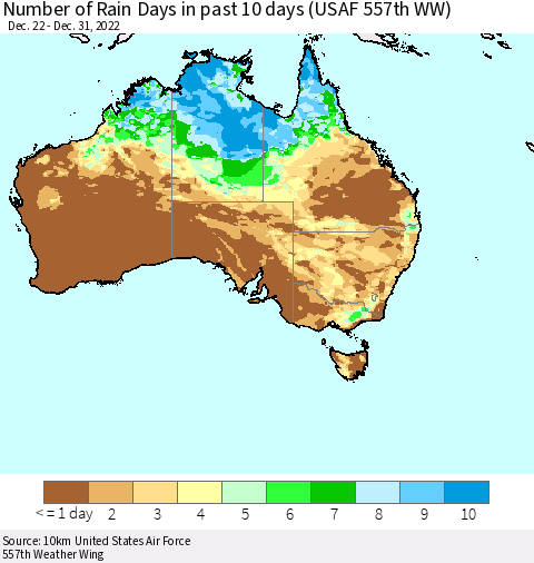 Australia Number of Rain Days in past 10 days (USAF 557th WW) Thematic Map For 12/26/2022 - 12/31/2022