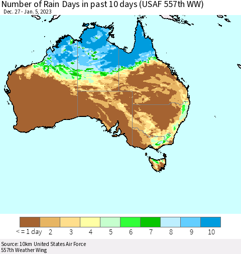Australia Number of Rain Days in past 10 days (USAF 557th WW) Thematic Map For 1/1/2023 - 1/5/2023