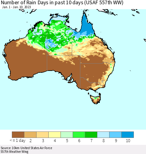 Australia Number of Rain Days in past 10 days (USAF 557th WW) Thematic Map For 1/6/2023 - 1/10/2023