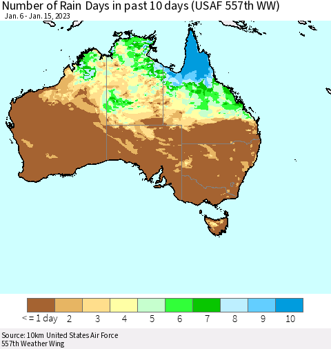 Australia Number of Rain Days in past 10 days (USAF 557th WW) Thematic Map For 1/11/2023 - 1/15/2023