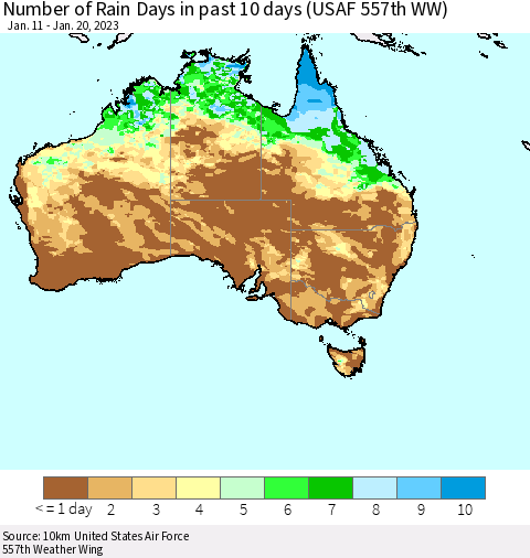 Australia Number of Rain Days in past 10 days (USAF 557th WW) Thematic Map For 1/16/2023 - 1/20/2023