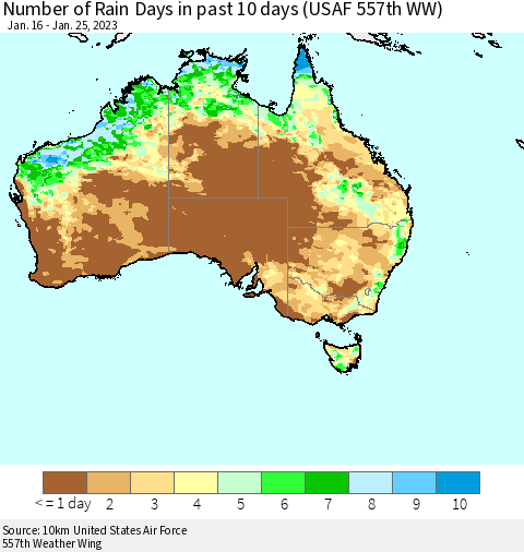 Australia Number of Rain Days in past 10 days (USAF 557th WW) Thematic Map For 1/21/2023 - 1/25/2023