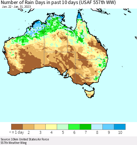 Australia Number of Rain Days in past 10 days (USAF 557th WW) Thematic Map For 1/26/2023 - 1/31/2023