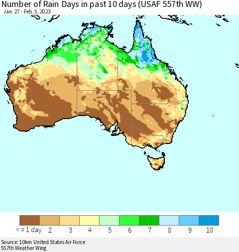 Australia Number of Rain Days in past 10 days (USAF 557th WW) Thematic Map For 2/1/2023 - 2/5/2023