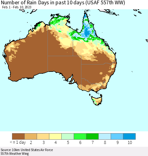 Australia Number of Rain Days in past 10 days (USAF 557th WW) Thematic Map For 2/6/2023 - 2/10/2023