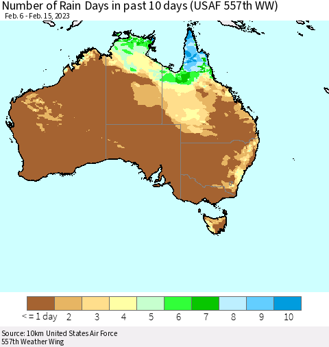 Australia Number of Rain Days in past 10 days (USAF 557th WW) Thematic Map For 2/11/2023 - 2/15/2023