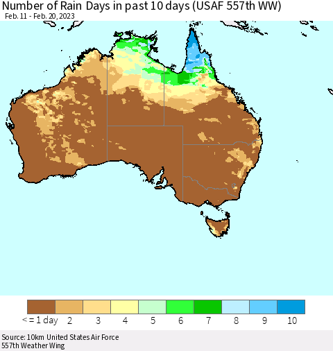Australia Number of Rain Days in past 10 days (USAF 557th WW) Thematic Map For 2/16/2023 - 2/20/2023
