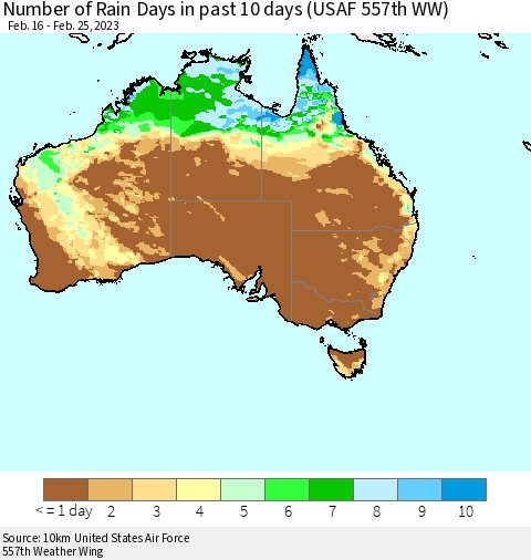 Australia Number of Rain Days in past 10 days (USAF 557th WW) Thematic Map For 2/21/2023 - 2/25/2023