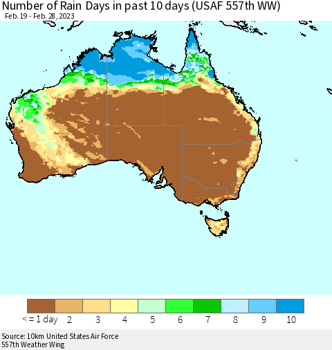 Australia Number of Rain Days in past 10 days (USAF 557th WW) Thematic Map For 2/26/2023 - 2/28/2023
