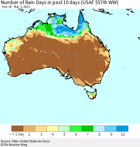 Australia Number of Rain Days in past 10 days (USAF 557th WW) Thematic Map For 3/1/2023 - 3/5/2023