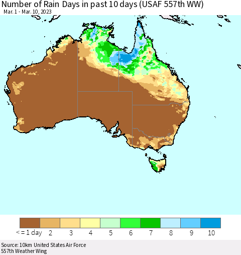 Australia Number of Rain Days in past 10 days (USAF 557th WW) Thematic Map For 3/6/2023 - 3/10/2023