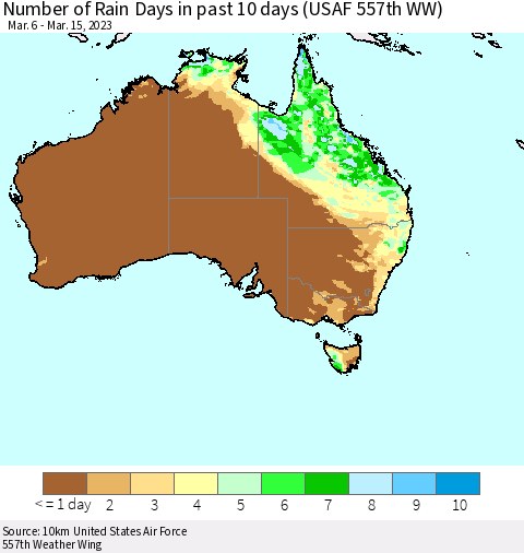 Australia Number of Rain Days in past 10 days (USAF 557th WW) Thematic Map For 3/11/2023 - 3/15/2023