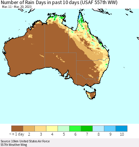 Australia Number of Rain Days in past 10 days (USAF 557th WW) Thematic Map For 3/16/2023 - 3/20/2023