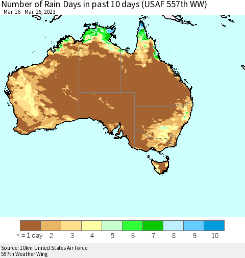 Australia Number of Rain Days in past 10 days (USAF 557th WW) Thematic Map For 3/21/2023 - 3/25/2023