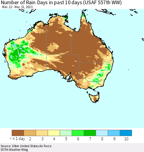 Australia Number of Rain Days in past 10 days (USAF 557th WW) Thematic Map For 3/26/2023 - 3/31/2023