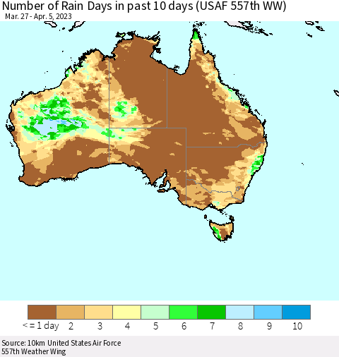 Australia Number of Rain Days in past 10 days (USAF 557th WW) Thematic Map For 4/1/2023 - 4/5/2023