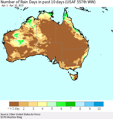 Australia Number of Rain Days in past 10 days (USAF 557th WW) Thematic Map For 4/6/2023 - 4/10/2023