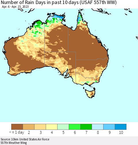 Australia Number of Rain Days in past 10 days (USAF 557th WW) Thematic Map For 4/11/2023 - 4/15/2023