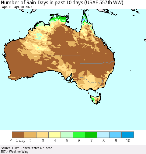 Australia Number of Rain Days in past 10 days (USAF 557th WW) Thematic Map For 4/16/2023 - 4/20/2023