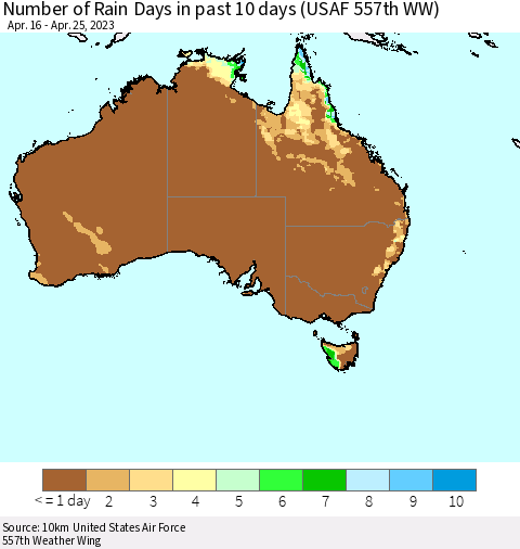 Australia Number of Rain Days in past 10 days (USAF 557th WW) Thematic Map For 4/21/2023 - 4/25/2023