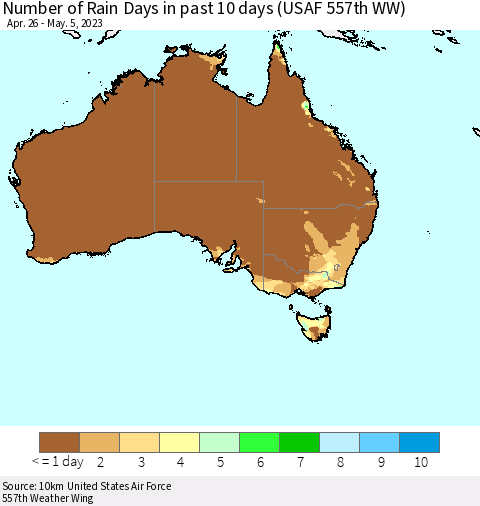 Australia Number of Rain Days in past 10 days (USAF 557th WW) Thematic Map For 5/1/2023 - 5/5/2023
