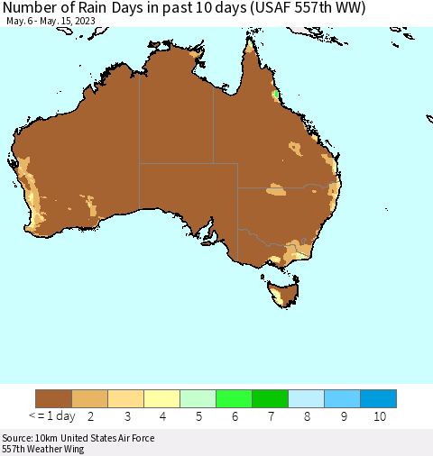 Australia Number of Rain Days in past 10 days (USAF 557th WW) Thematic Map For 5/11/2023 - 5/15/2023