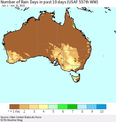 Australia Number of Rain Days in past 10 days (USAF 557th WW) Thematic Map For 6/6/2023 - 6/10/2023