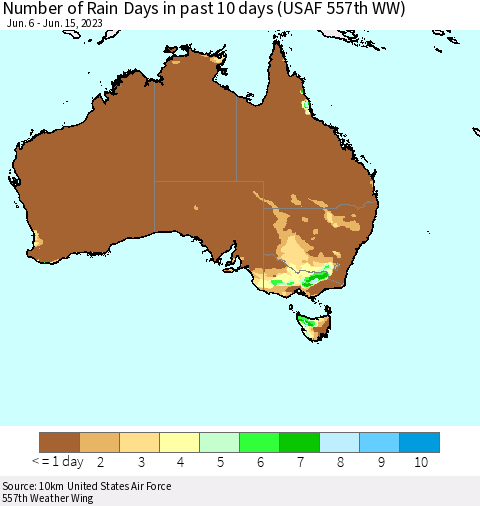 Australia Number of Rain Days in past 10 days (USAF 557th WW) Thematic Map For 6/11/2023 - 6/15/2023