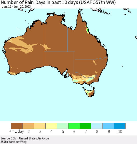 Australia Number of Rain Days in past 10 days (USAF 557th WW) Thematic Map For 6/16/2023 - 6/20/2023