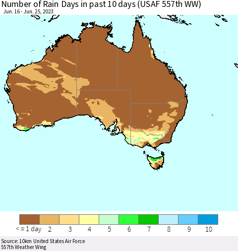 Australia Number of Rain Days in past 10 days (USAF 557th WW) Thematic Map For 6/21/2023 - 6/25/2023