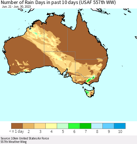 Australia Number of Rain Days in past 10 days (USAF 557th WW) Thematic Map For 6/26/2023 - 6/30/2023