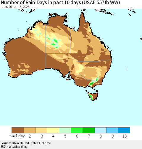 Australia Number of Rain Days in past 10 days (USAF 557th WW) Thematic Map For 7/1/2023 - 7/5/2023