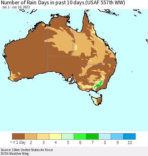 Australia Number of Rain Days in past 10 days (USAF 557th WW) Thematic Map For 7/6/2023 - 7/10/2023