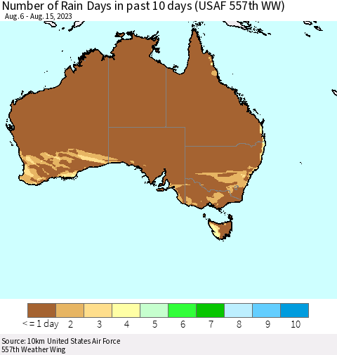 Australia Number of Rain Days in past 10 days (USAF 557th WW) Thematic Map For 8/11/2023 - 8/15/2023