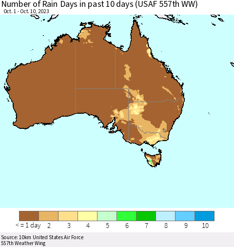 Australia Number of Rain Days in past 10 days (USAF 557th WW) Thematic Map For 10/6/2023 - 10/10/2023