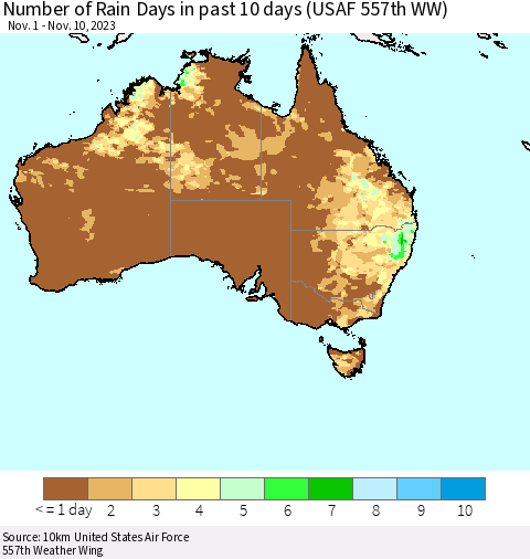 Australia Number of Rain Days in past 10 days (USAF 557th WW) Thematic Map For 11/6/2023 - 11/10/2023
