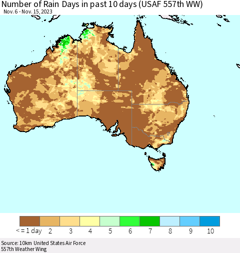 Australia Number of Rain Days in past 10 days (USAF 557th WW) Thematic Map For 11/11/2023 - 11/15/2023