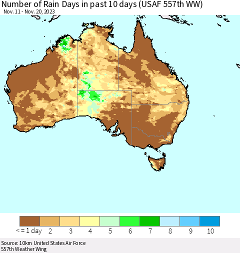 Australia Number of Rain Days in past 10 days (USAF 557th WW) Thematic Map For 11/16/2023 - 11/20/2023