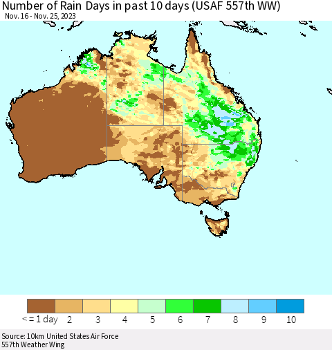 Australia Number of Rain Days in past 10 days (USAF 557th WW) Thematic Map For 11/21/2023 - 11/25/2023
