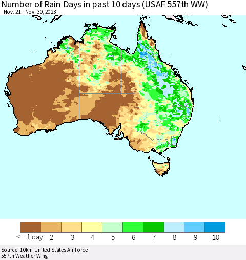 Australia Number of Rain Days in past 10 days (USAF 557th WW) Thematic Map For 11/26/2023 - 11/30/2023