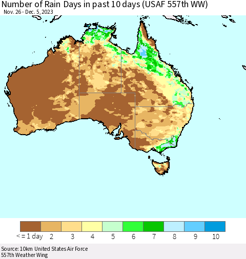 Australia Number of Rain Days in past 10 days (USAF 557th WW) Thematic Map For 12/1/2023 - 12/5/2023