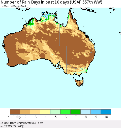 Australia Number of Rain Days in past 10 days (USAF 557th WW) Thematic Map For 12/6/2023 - 12/10/2023