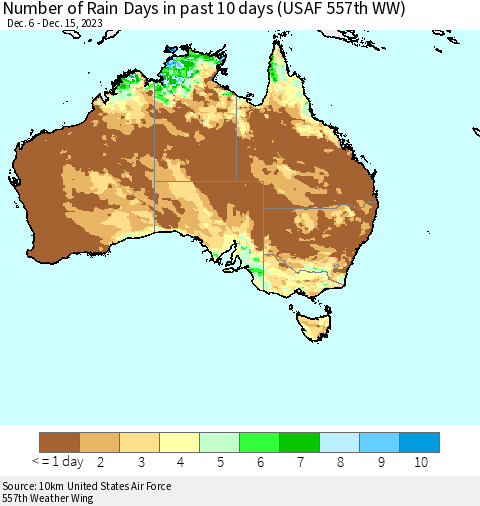 Australia Number of Rain Days in past 10 days (USAF 557th WW) Thematic Map For 12/11/2023 - 12/15/2023